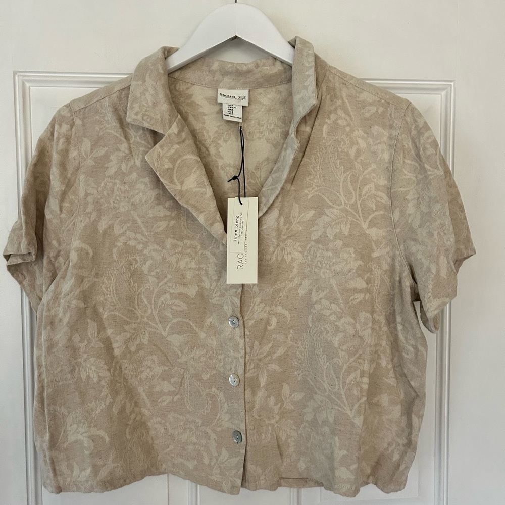 Rachel Zoe Neutral Beige Floral Short Sleeve Button-Down Top